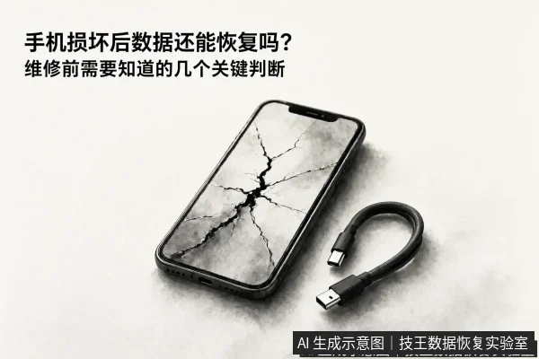 文章内容场景示意图：手机损坏后数据还能恢复吗？维修前需要知道的几个关键判断