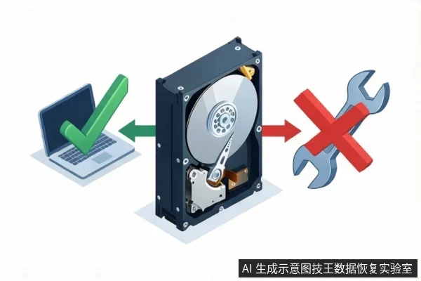 画面中央是一块裸露的机械硬盘,左侧箭头指向一台笔记本电脑并带有绿色对勾,右侧箭头指向一把扳手并带有红色叉号。
