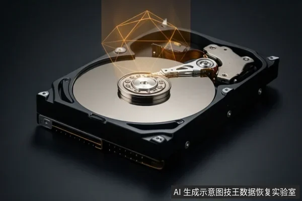 黑色机械硬盘打开内部,可见盘片、主轴和磁头组件,上方叠加橙色线框多面体示意数据或修复过程。