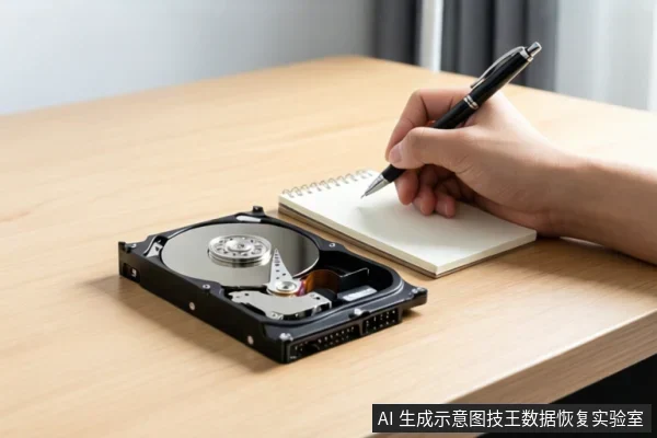 木桌上放着一块打开外壳的机械硬盘,旁边一只手正握笔在便签本上记录。
