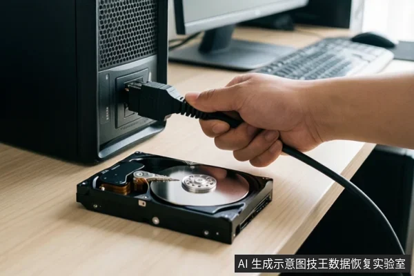 一只手正将黑色线缆插入台式电脑机箱接口,桌面上放置着一块裸露的机械硬盘。