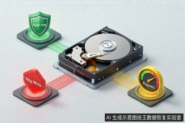 画面中央为打开的机械硬盘，周围有三个图标：绿色盾牌标注Read-Only，红色按钮标注Stop Write，黄色仪表盘标注Diagnostic，分别通过光线连接硬盘。