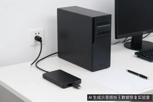 白色桌面上放置一台黑色台式电脑主机,旁边有显示器、键盘、一支笔和一张白纸,主机旁连着一个黑色外置硬盘盒,上面插着U盘,电源线插在墙上插座。