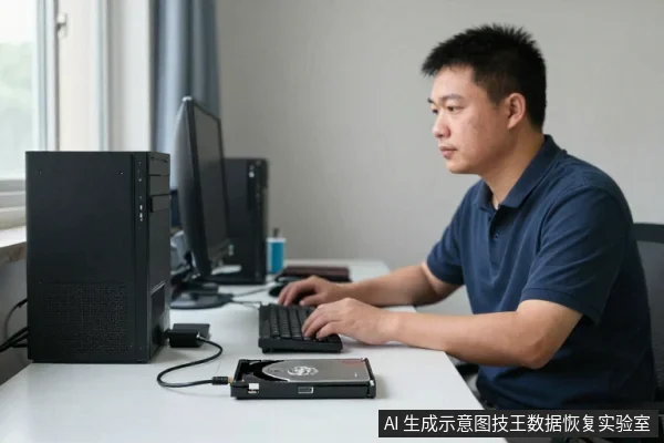 一名亚洲男子坐在办公桌前,双手放在键盘上操作电脑,桌面上放着一台黑色台式主机和一台连接着数据线的外置硬盘盒。