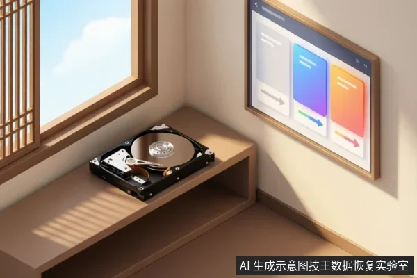 窗台木架上放着一块开盖机械硬盘,可见金属盘片与磁头臂,旁边墙上挂着显示三张彩色流程卡片和箭头的屏幕。