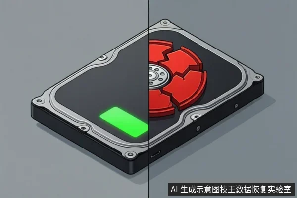 一张移动硬盘的等距视角示意图,硬盘外壳被垂直分割,左侧显示绿色指示灯,右侧显示内部红色盘片结构。