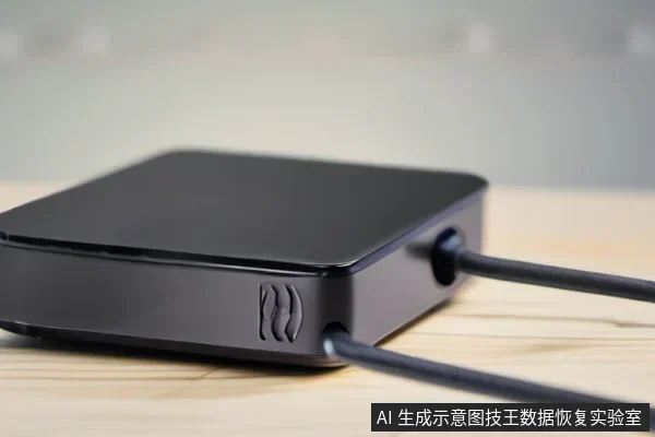 黑色方形外置移动硬盘放置在木质桌面上,侧面连接着两根数据线,机身带有散热标识。