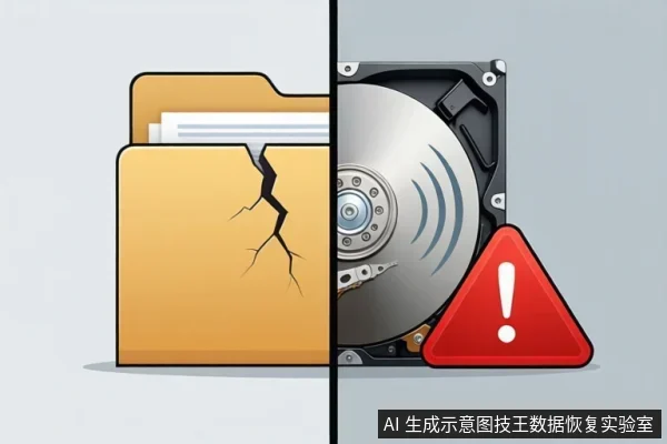 画面左侧为带裂纹的黄色文件夹,右侧为机械硬盘盘体与红色警告三角图标,中间以竖线分隔。