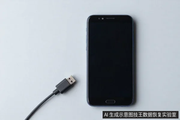 一部黑色智能手机平放在浅色桌面上,左侧有一根未连接的USB数据线。