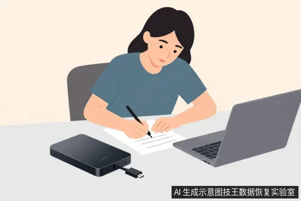 一名女性坐在桌前，用笔在纸上记录，面前放着一台笔记本电脑和一块连接着USB线的黑色移动硬盘。