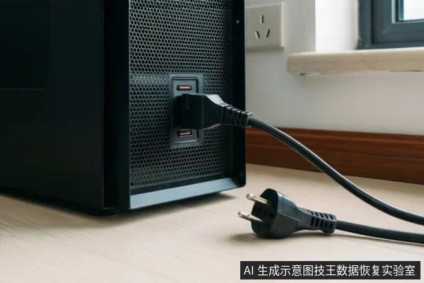 黑色台式主机背面电源接口插着电源线，线缆末端两脚插头放在地面未接墙插，示意停止通电。