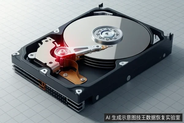 一张机械硬盘内部结构的3D渲染图,展示了黑色外壳、银色盘片、主轴电机以及带有红色高亮效果的磁头臂组件,背景为网格纸。