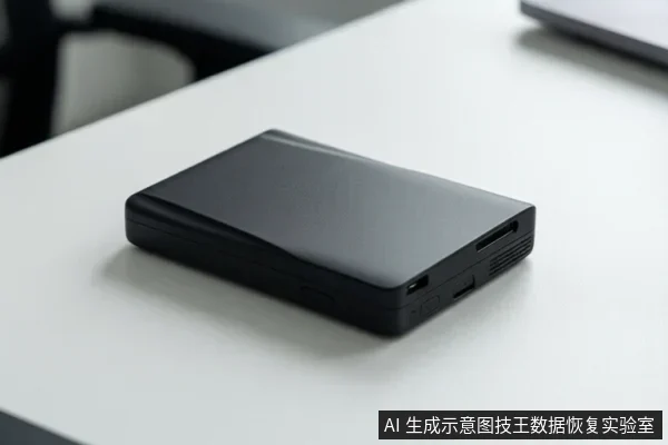 白色桌面上放置一个黑色移动硬盘,侧面可见接口与散热孔,背景虚化。