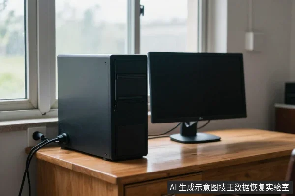 木桌上摆放着一台黑色台式电脑主机和一台黑色显示器,主机旁有电源线连接墙面插座,背景是窗户。