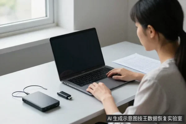 一名亚洲女性坐在桌前使用笔记本电脑，桌面左侧放着一个黑色移动硬盘和一个小型USB设备。