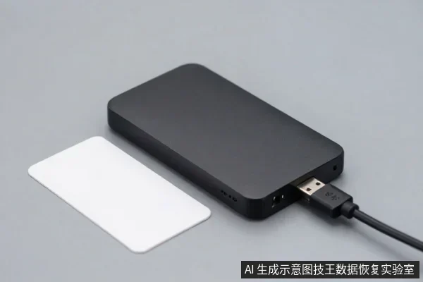 黑色移动硬盘平放在灰色台面上,USB-A数据线插在硬盘侧面接口,旁边放着一张白色卡片。