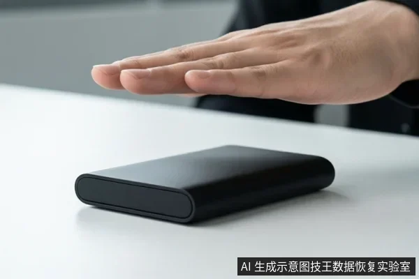 白色桌面上放着一个黑色移动硬盘，上方一只手平放悬停在设备上方，未接触设备。