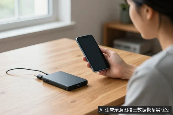一名亚洲成年人坐在木桌旁，右手拿着黑屏手机，桌上放着一块黑色移动电源，用数据线连接手机。