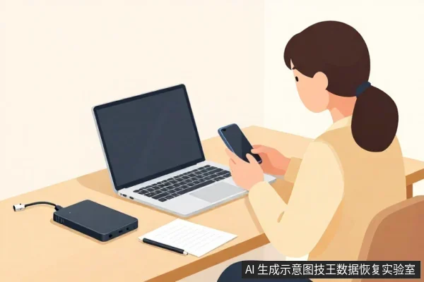 一名扎马尾的女性坐在桌前,右手拿着手机,面前放着一台打开的笔记本电脑、一个黑色外置硬盘盒、一支笔和一张白纸。
