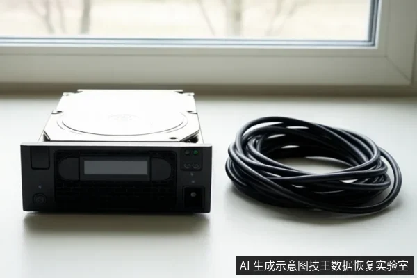 A black DVR unit with a hard drive on top and a coiled cable on a white desk.