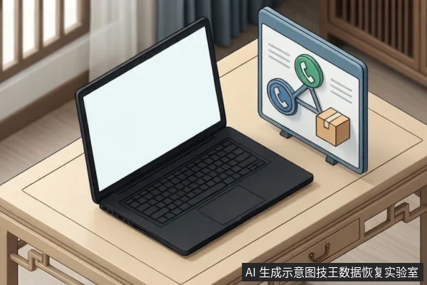 木桌上放着一台打开的黑色笔记本电脑,屏幕空白,旁边立着一块示意图板,板上有电话和纸箱图标,示意咨询与寄修。