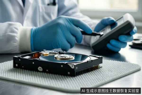 穿白大褂戴蓝色手套的人员在防静电垫上操作一块打开的机械硬盘,手持工具靠近盘体,背景有仪器。