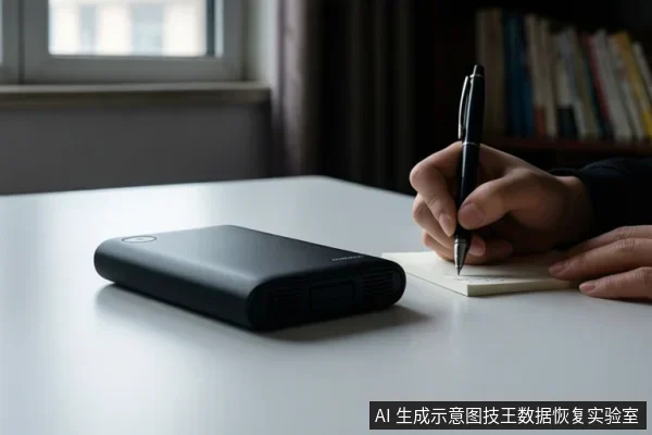 白色桌面上放置一个黑色移动硬盘,右侧有人手持黑色笔在便签纸上书写,背景为窗户和书架。