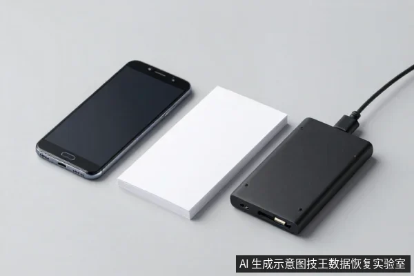 白色桌面上并排摆放着一部黑色智能手机、一个白色移动电源和一个连接着黑色线缆的黑色移动硬盘盒。