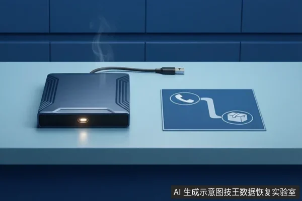 桌面上放置着一个冒烟且亮着指示灯的外置硬盘，旁边有一根USB数据线和一张带有电话及包裹图标的卡片。