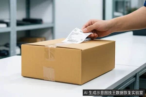 白色桌面上放置一个封好的棕色纸箱,一只手正将一张带有条形码的标签贴在纸箱顶部。背景为模糊的货架。