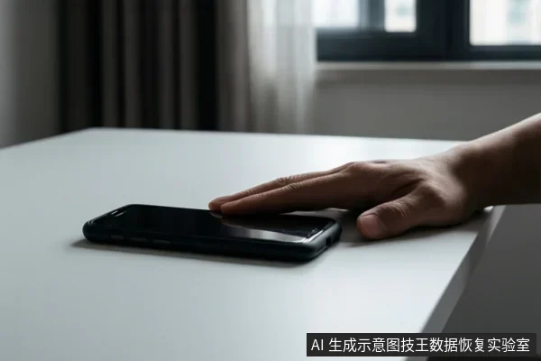 一只手平放在白色桌面上，手指轻触一部黑色智能手机的屏幕，背景为模糊的窗帘和窗户。