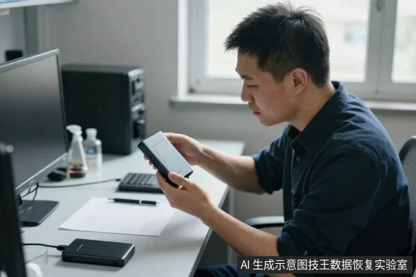 一名亚洲男性坐在办公桌前，双手拿着一块黑色移动硬盘查看，桌上放有显示器、键盘、纸张和另一块连接着数据线的黑色移动硬盘。