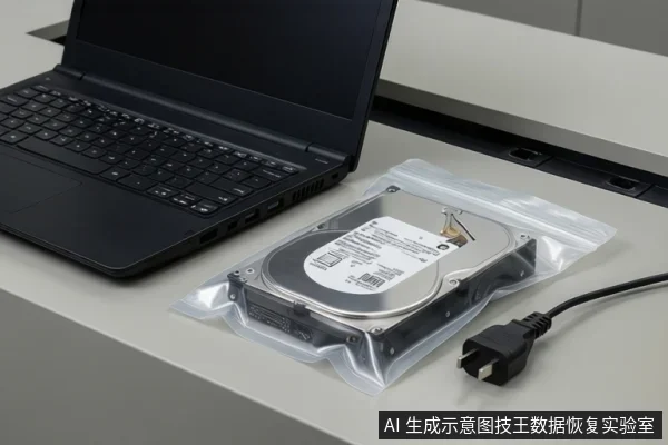 桌面上放着一台黑色笔记本电脑,旁边透明防静电袋内装有一块机械硬盘,右侧一根电源线插头平放未连接。
