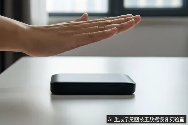 一只手平放在白色桌面上方,下方放置一个黑色移动硬盘,背景为模糊的室内环境。