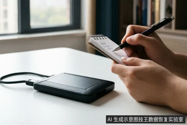 白色桌面上,一只手正用笔在笔记本上记录,旁边放着一个连接数据线的黑色移动硬盘。