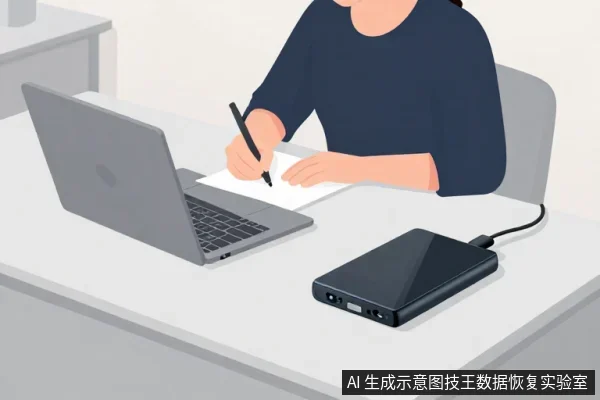 一名穿深色上衣的人坐在桌前，用笔在纸上书写，面前有一台打开的笔记本电脑，桌面上放着一个黑色移动硬盘盒。