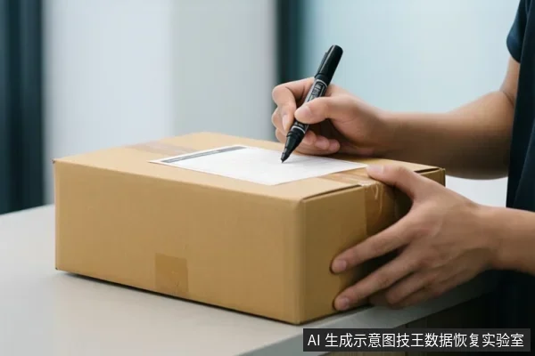 一名穿深色短袖的人站在白色桌前,双手扶住一个棕色纸箱,右手握黑色记号笔在箱面白色单据上书写。