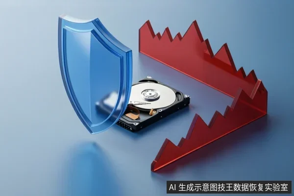蓝色半透明盾牌与红色锯齿状结构环绕一块裸露机械硬盘，置于蓝色背景上，无文字。