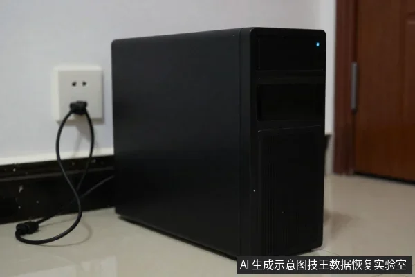 黑色台式电脑主机竖直放在浅色地砖上,电源线插在墙面插座中,机身前面板有蓝色指示灯亮起