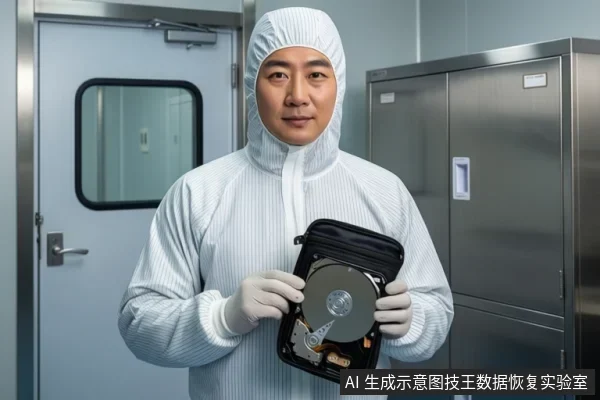 穿白色洁净服、戴头套和手套的亚洲男性在洁净室内双手捧着一个开盖机械硬盘,背景可见洁净室门与不锈钢柜体。