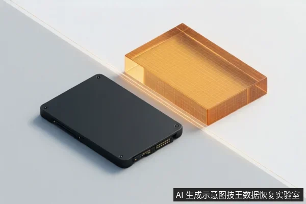 画面中展示了一个黑色的硬盘设备，旁边悬浮着一个半透明的橙色长方体线框，两者之间有一道光束连接，示意数据从实体介质传输至虚拟镜像的过程。