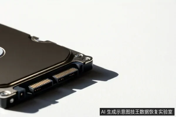 白色背景上放置一块机械硬盘的接口端,可见SATA数据与电源接口、固定螺丝及金属外壳,无操作动作。