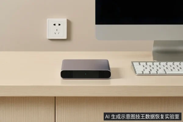 浅色桌面上放着一台灰色外置硬盘,正面绿色指示灯亮起,右侧是显示器和键盘,墙上有一个电源插座。