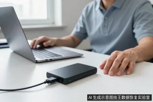 一名男子坐在桌前使用笔记本电脑,桌面放着一块黑色移动硬盘,通过数据线连接电脑,男子右手放在硬盘旁。