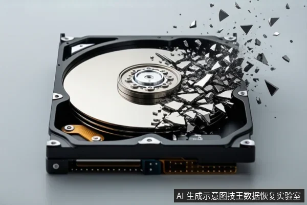 灰色背景上展示一块打开外壳的机械硬盘,可见金属盘片、中心主轴和底部接口,盘片右侧及上方有大量黑色碎片飞溅。