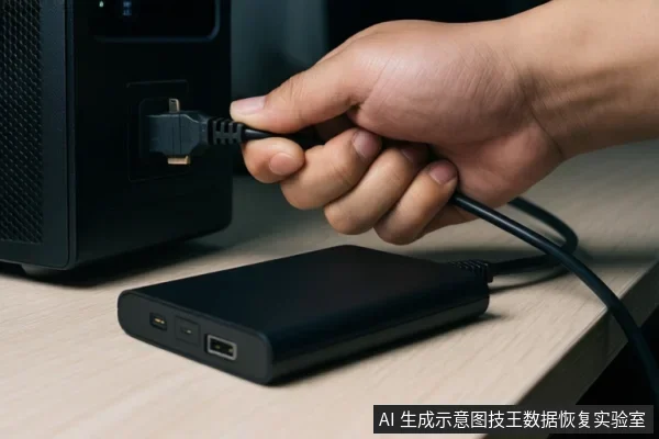一只手正将黑色线缆插入桌面设备接口,旁边放置一块黑色移动硬盘。