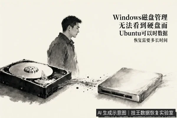 正文场景:文章内容场景示意图:Windows磁盘管理无法看到硬盘而Ubuntu可以时数据恢复需要多长时间