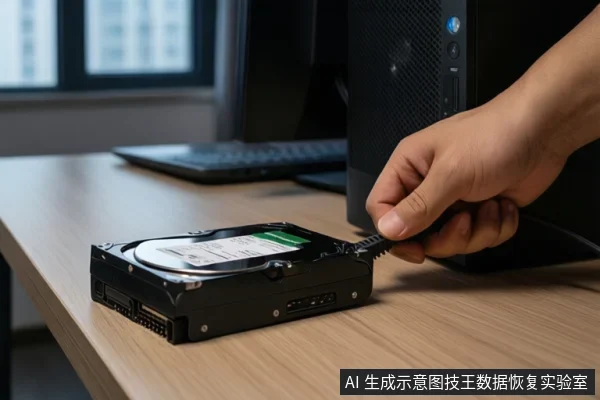 办公桌上放置一块机械硬盘,一只手正捏着硬盘侧面的排线接口,背景有电脑主机和笔记本。