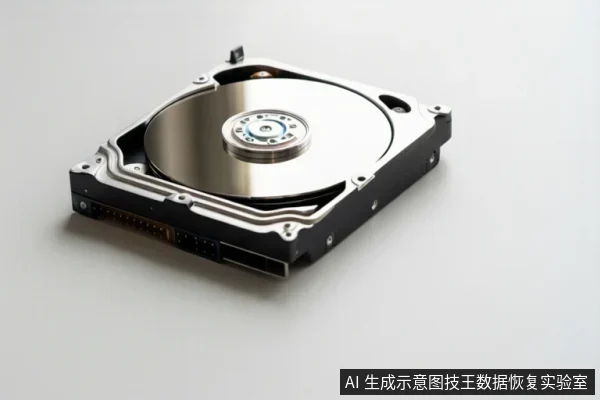 一块打开顶盖的机械硬盘，可见金属盘片、中心主轴和接口，放置在浅色背景上。