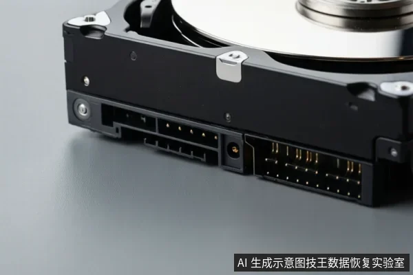 灰色桌面上放置一块裸露的机械硬盘,画面聚焦于接口区域,可见SATA数据与电源接口及盘体结构。
